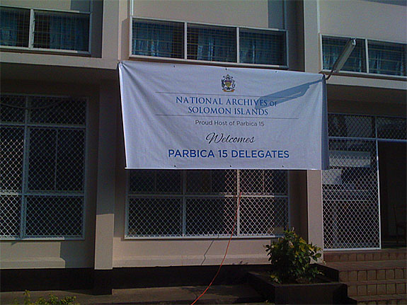 A banner hangs in front of the National Archives Solomon islands