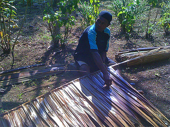A village man constructed a roof out of sago leaves